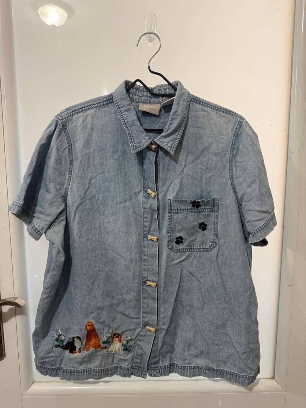 Blair Light Blue Denim Button-Down Shirt with Embroidered Dogs